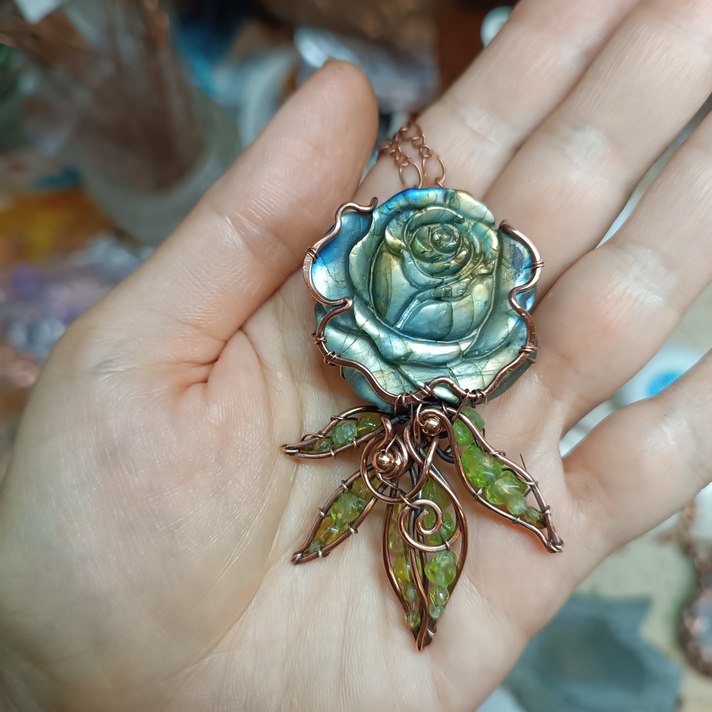 Labradorite rose with chrysolite leaves. Pendant