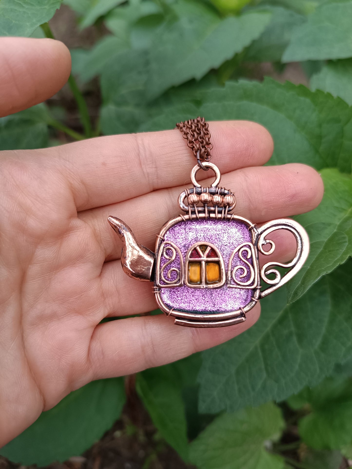 Magic sparkling purple fairy house teapot necklace.