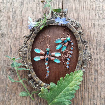 Blue dragonfly and bellflower earrings