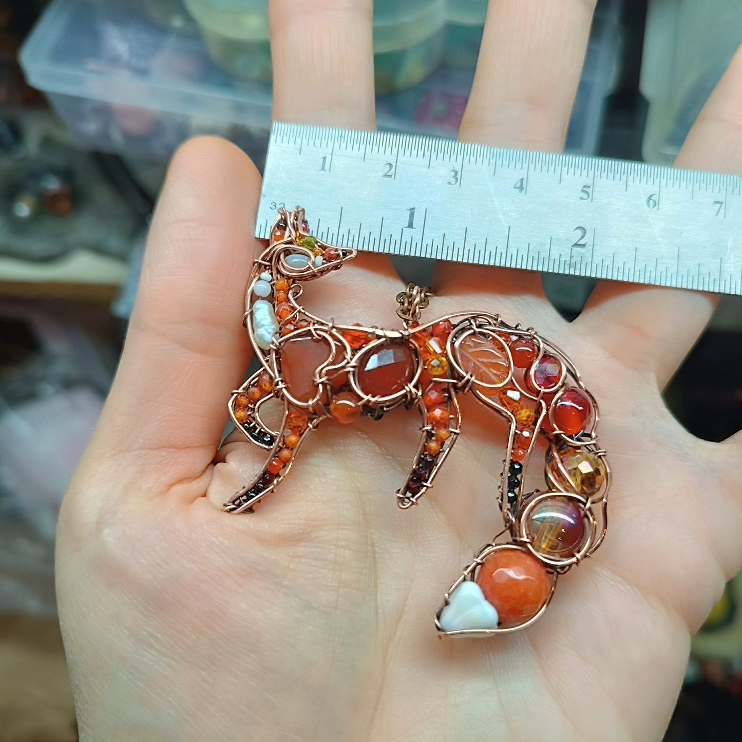 Foxy the swoopy tail! Copper necklace with carnelians.