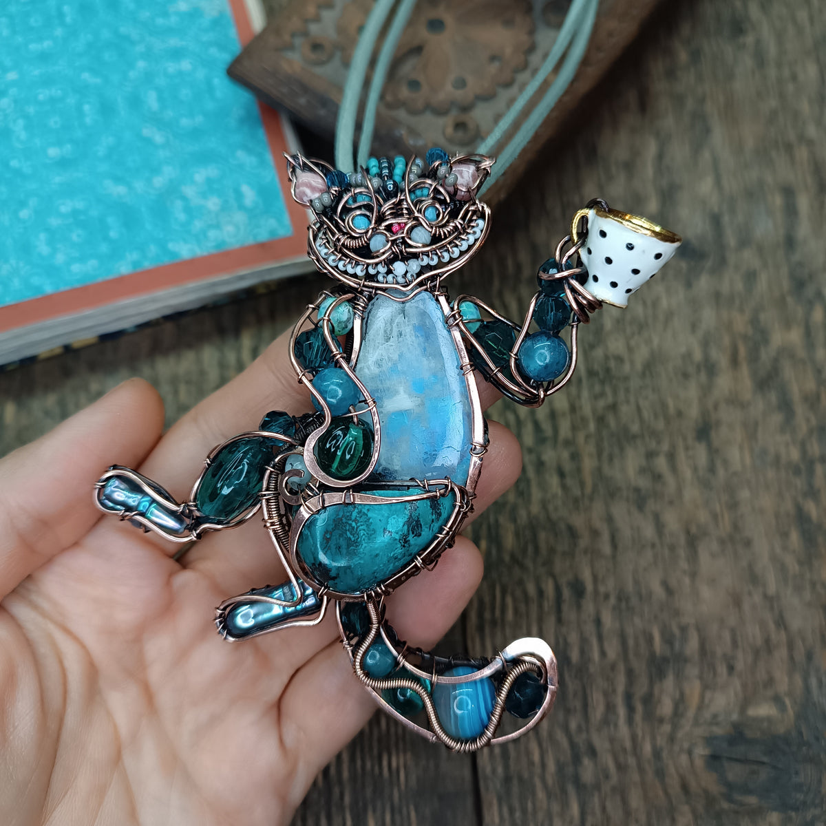 Blue cat at the tea party necklace🩵🐱☕