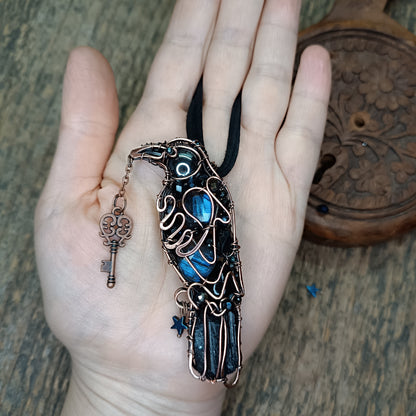 Secret keeper. Raven with the blue star. Wire wrapped necklace