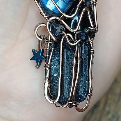 Secret keeper. Raven with the blue star. Wire wrapped necklace
