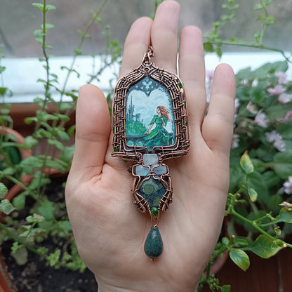 The ballad of white unicorn and princess. Wire wrapped necklace with miniature paintings.