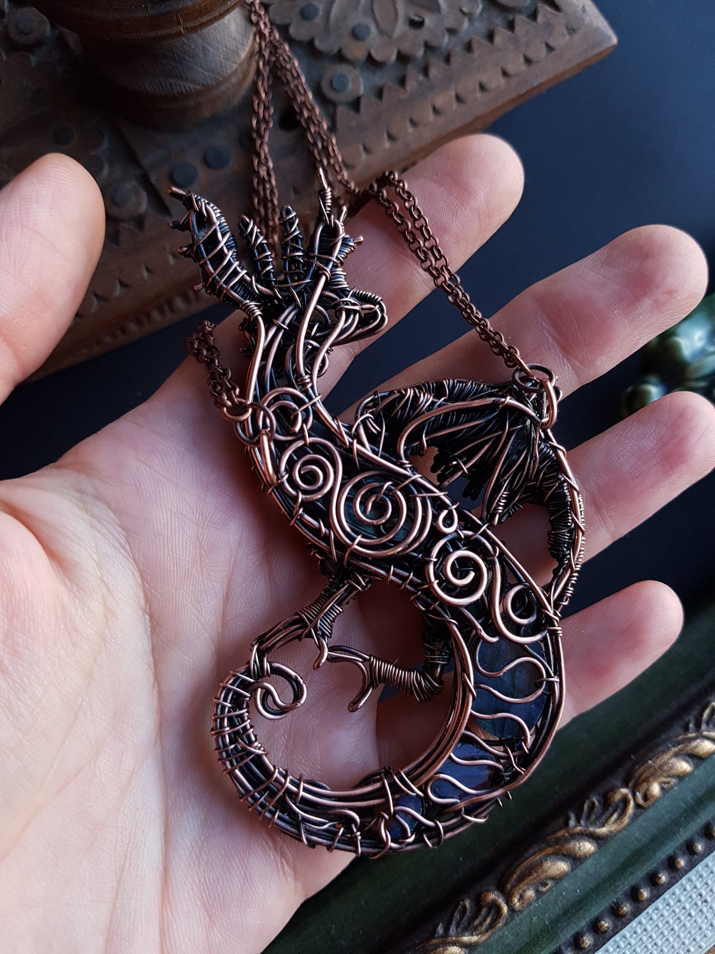 Final payment. FOR JAN Great water dragon. Wire wrapped copper necklace with labradorites.
