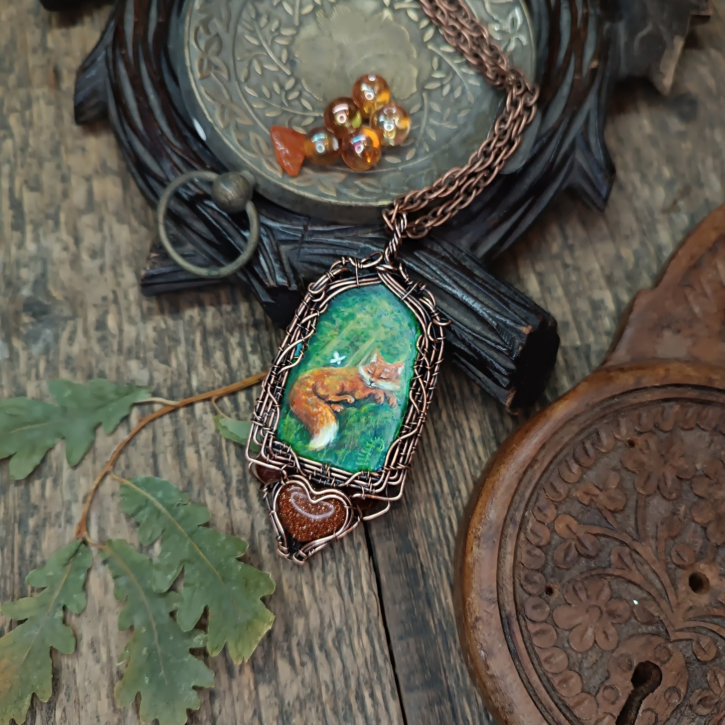 Forest light guardians.🦊🦊 Wire wrapped necklace with miniature paintings.