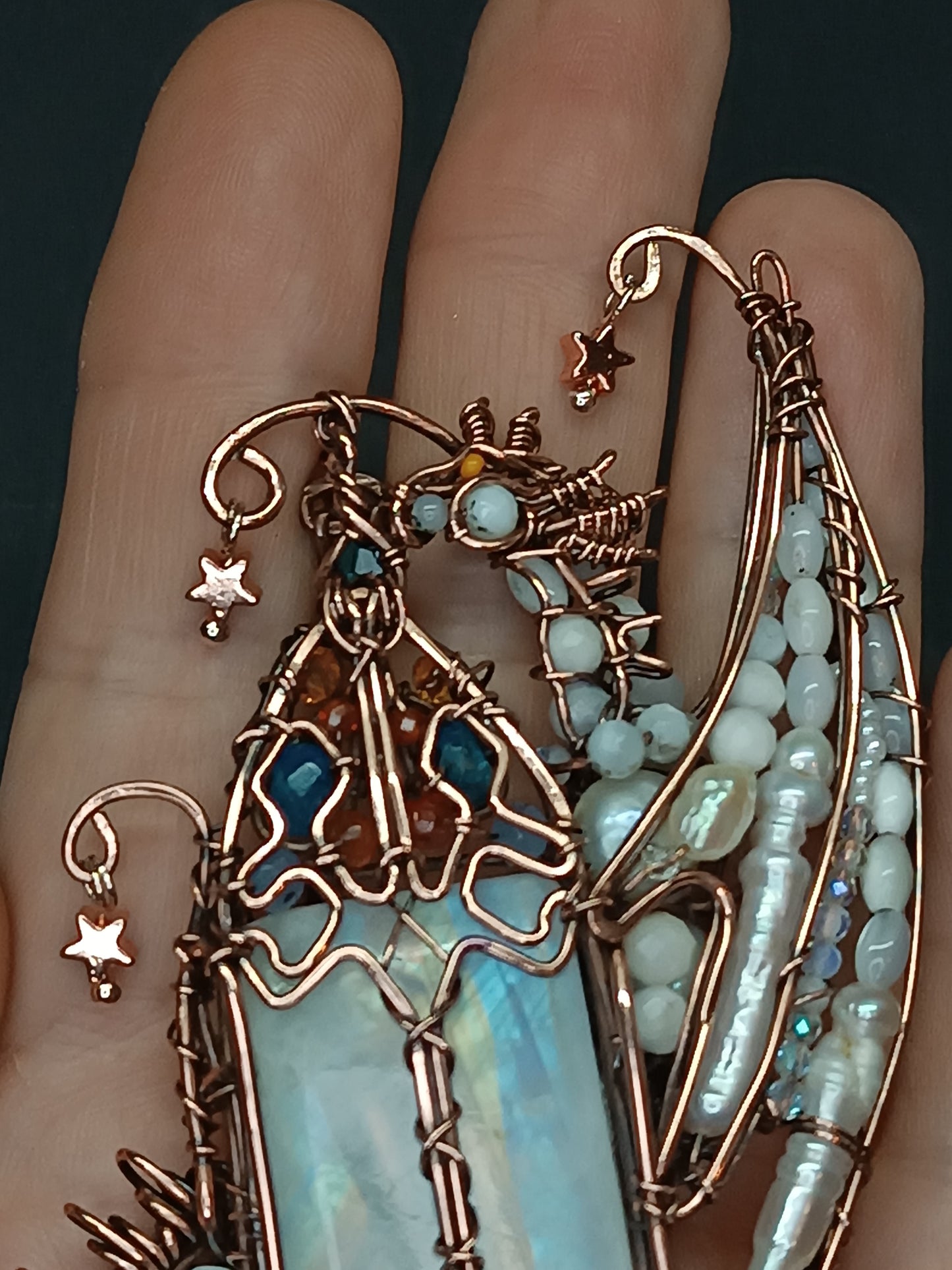 The ballad of the Pearl Dragon and the Moonstone Castle. Wire wrapped necklace