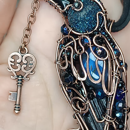 Dark blue night Secret keeper necklace. Blue raven.