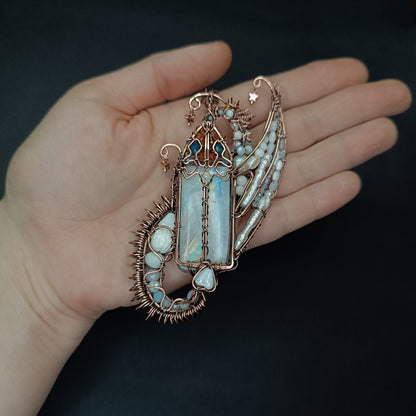 The ballad of the Pearl Dragon and the Moonstone Castle. Wire wrapped necklace