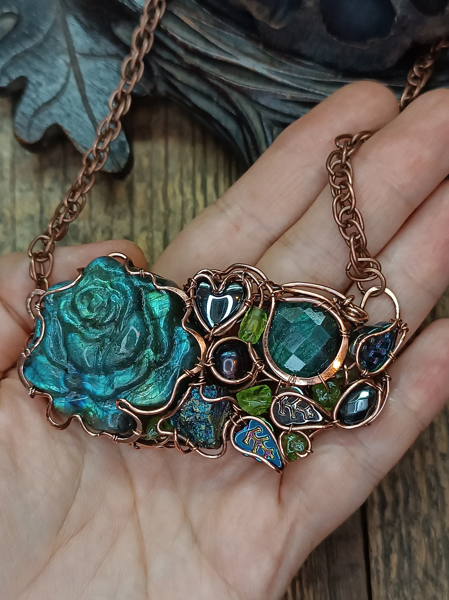Blue peacock rose necklace