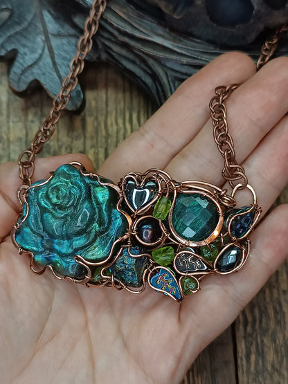 Blue peacock rose necklace