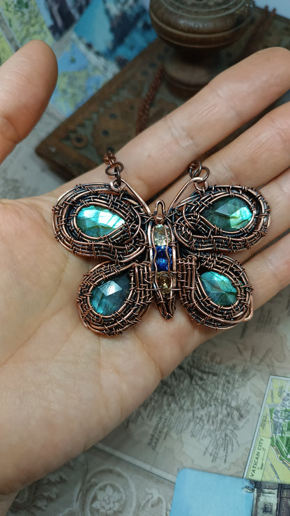 Copper wire wrapped butterfly necklace with faceted labradorites