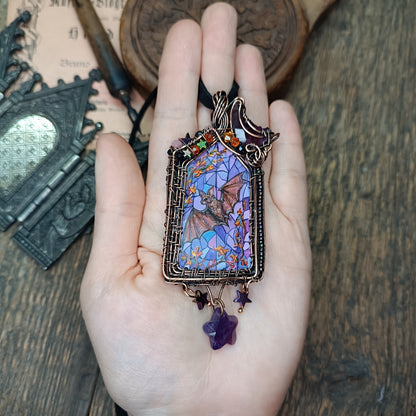 Medieval window necklace. Raven and Bat.