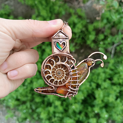 Snail and a fairy house necklace