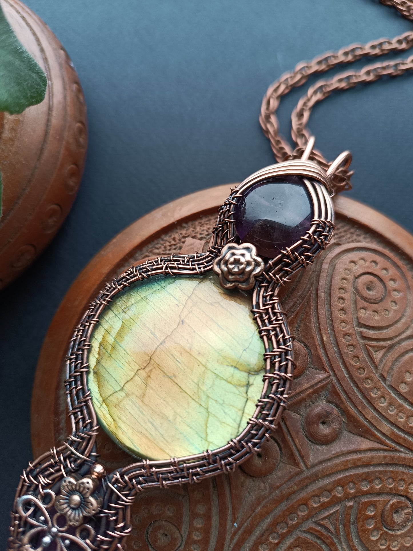 Reversible green labradorite Tree of life necklace.