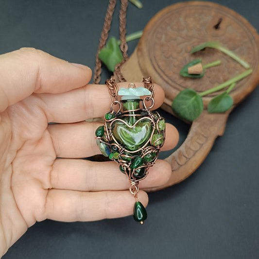 Green heart vial necklace