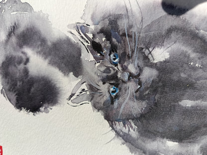 Funny tooth. Fluffy grey cat. Original watercolour