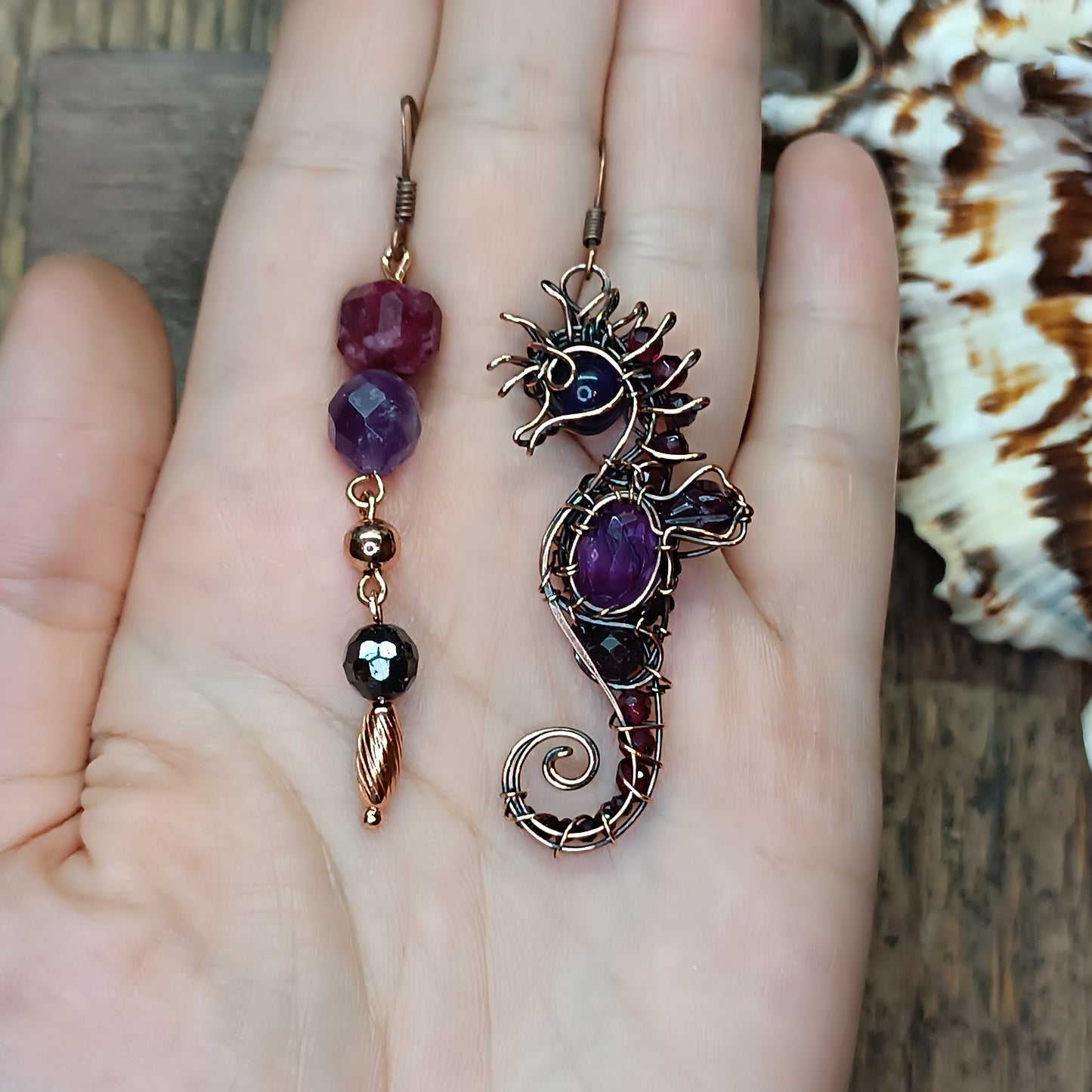 Amethyst and garnet seahorse earrings