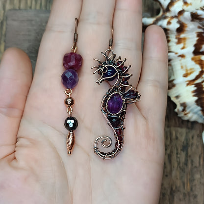 Amethyst and garnet seahorse earrings