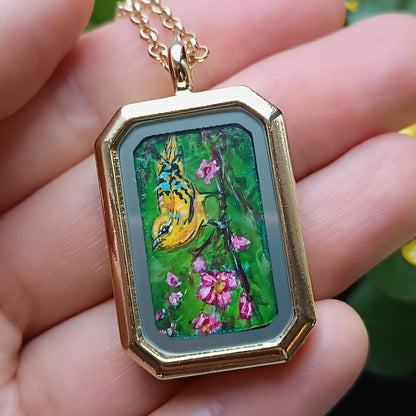 Yellow birds. Hand painted two sided pendant.