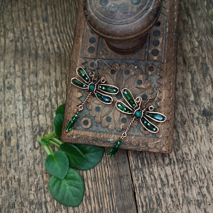 Green dragonfly dangling earrings