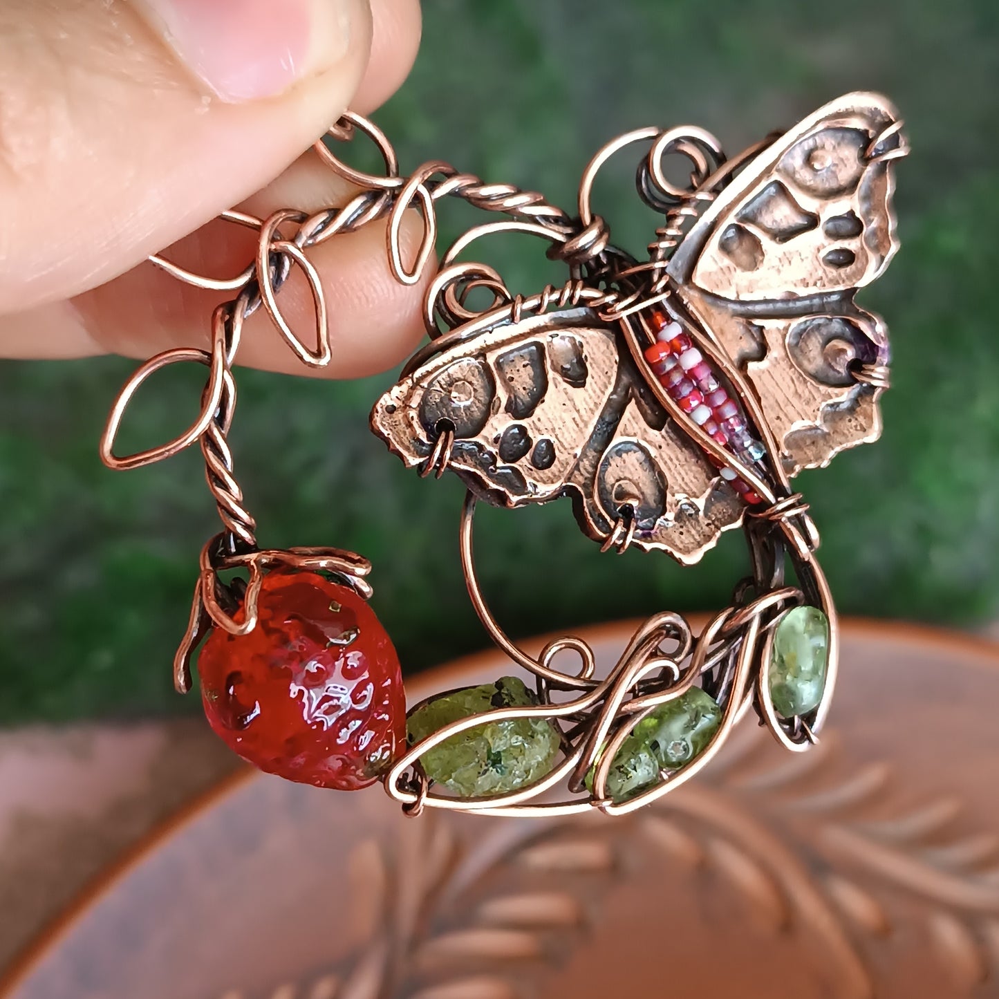 Life circle. Summer strawberry butterfly nebula necklace