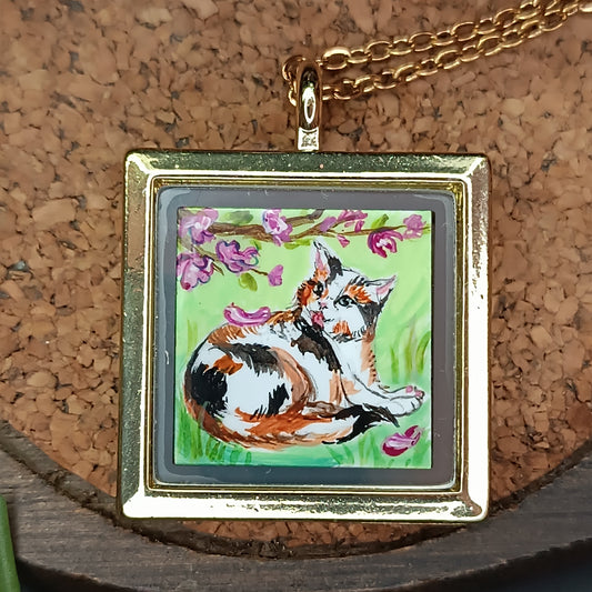 Cats sunbathing. Miniature hand painted pendant.