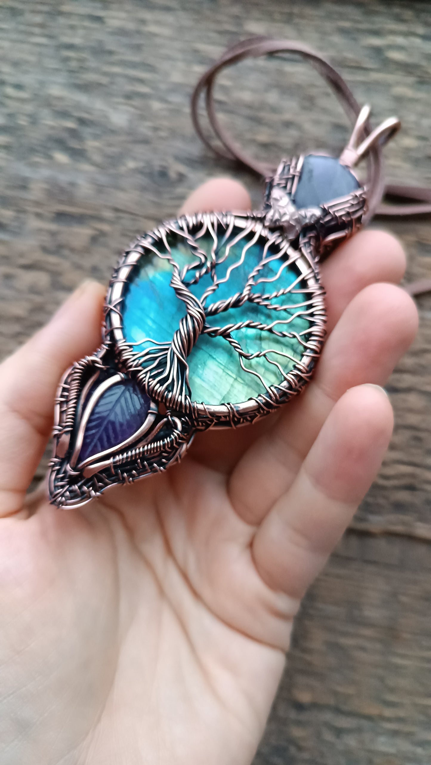 Tree of life necklace with labradorite and amethysts.