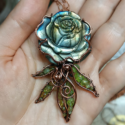 Labradorite rose with chrysolite leaves. Pendant