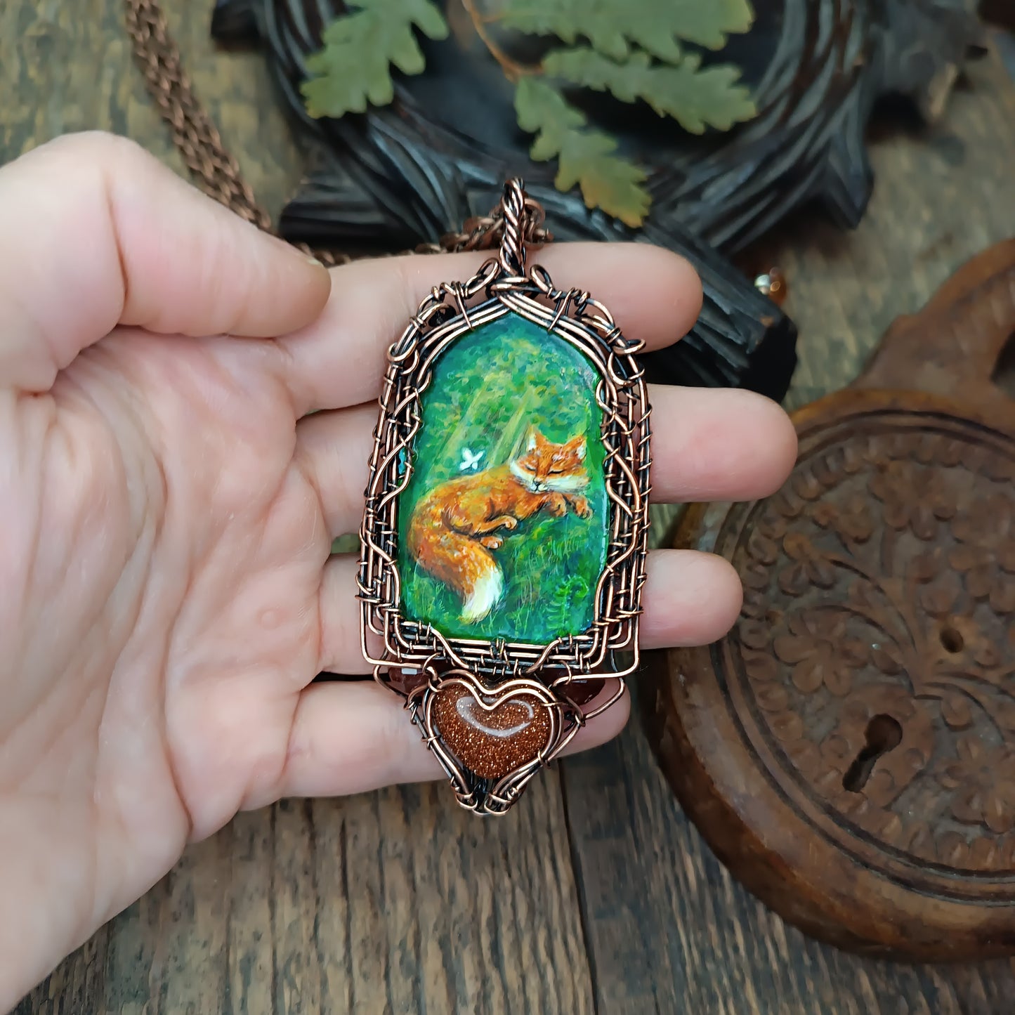 Forest light guardians.🦊🦊 Wire wrapped necklace with miniature paintings.