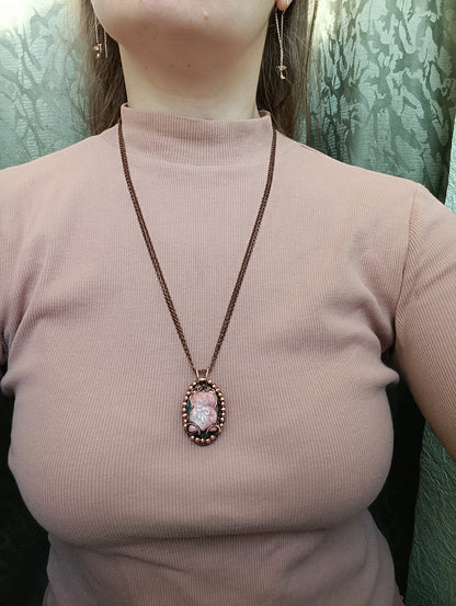 For Cheryl. Rhodonite bear and purple labradorite pendant.