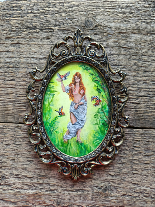 For Glen. Lady and birds in the forest. Acrylic painting framed