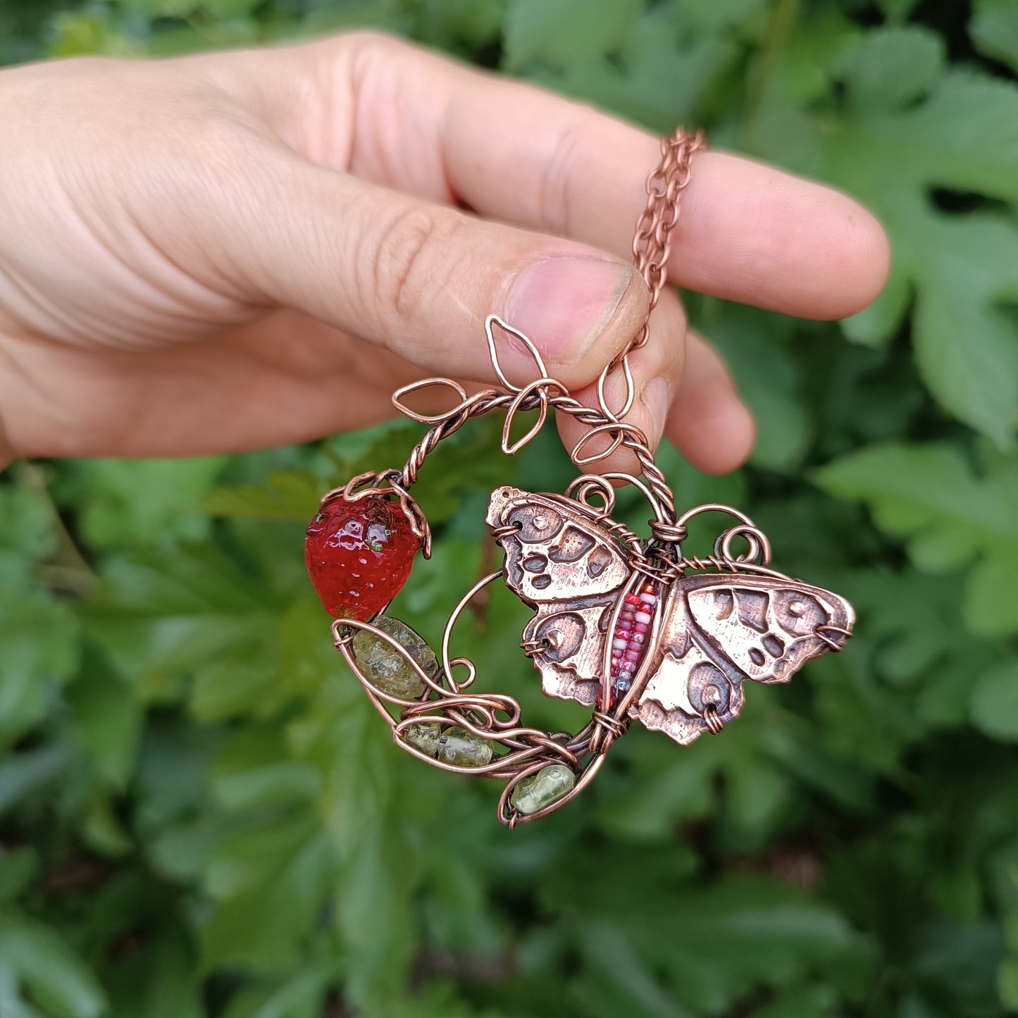 Life circle. Summer strawberry butterfly nebula necklace