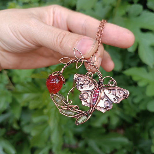 Life circle. Summer strawberry butterfly nebula necklace
