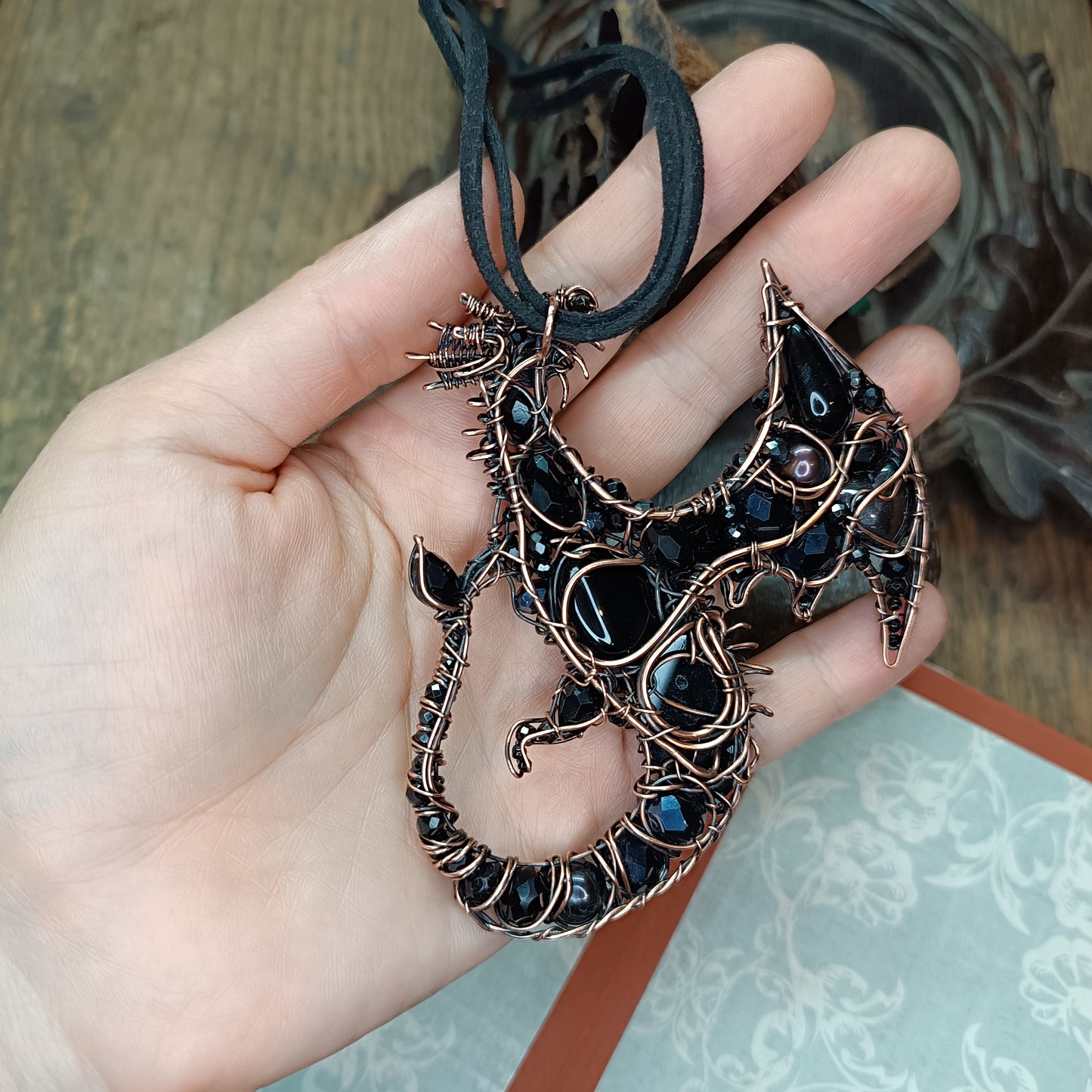 Black Crystal. Dragon necklace.
