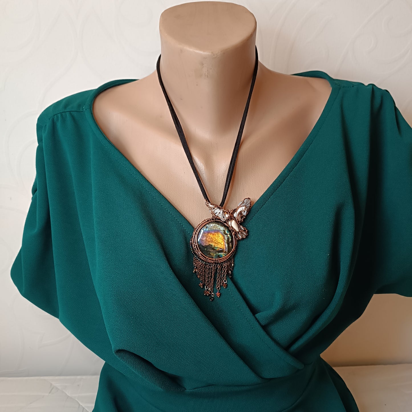 Owl over the sunset moon necklace