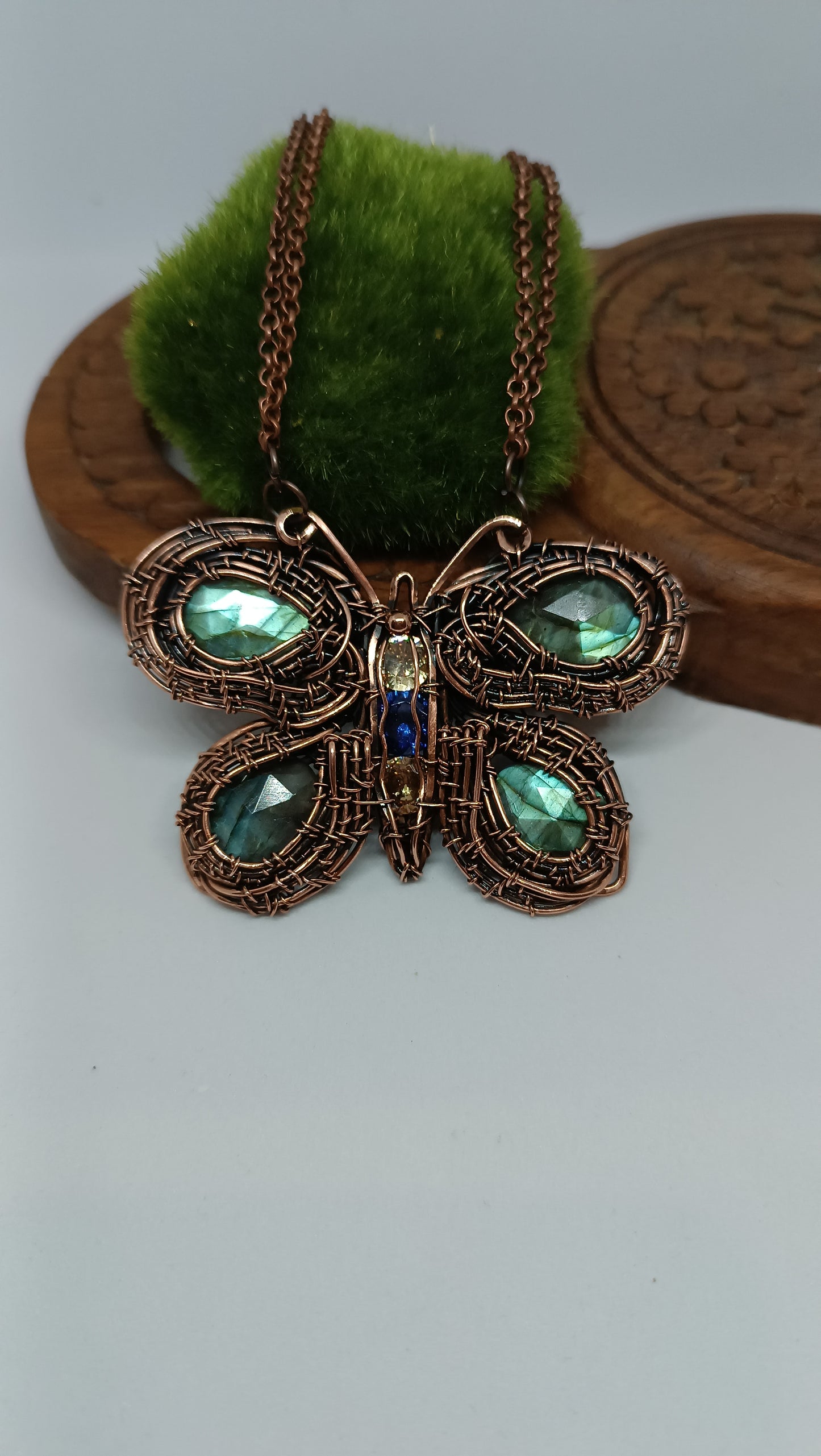 Copper wire wrapped butterfly necklace with faceted labradorites