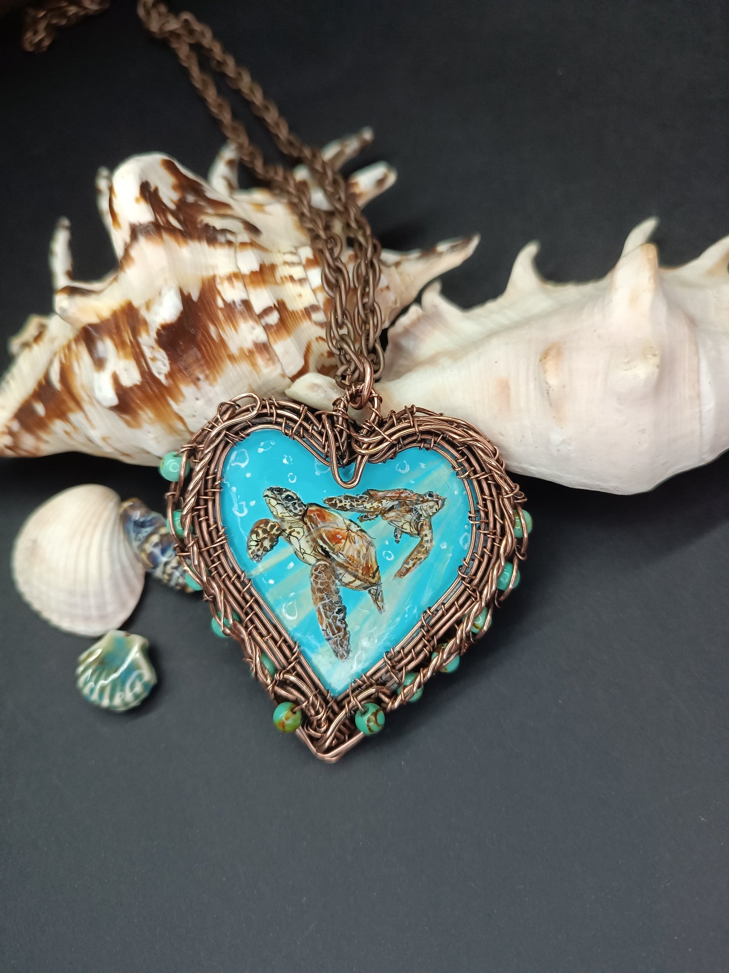 Heart of the ocean. Wire wrapped hand painted necklace. Reversible.