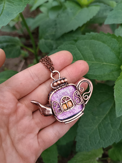 Magic sparkling purple fairy house teapot necklace.