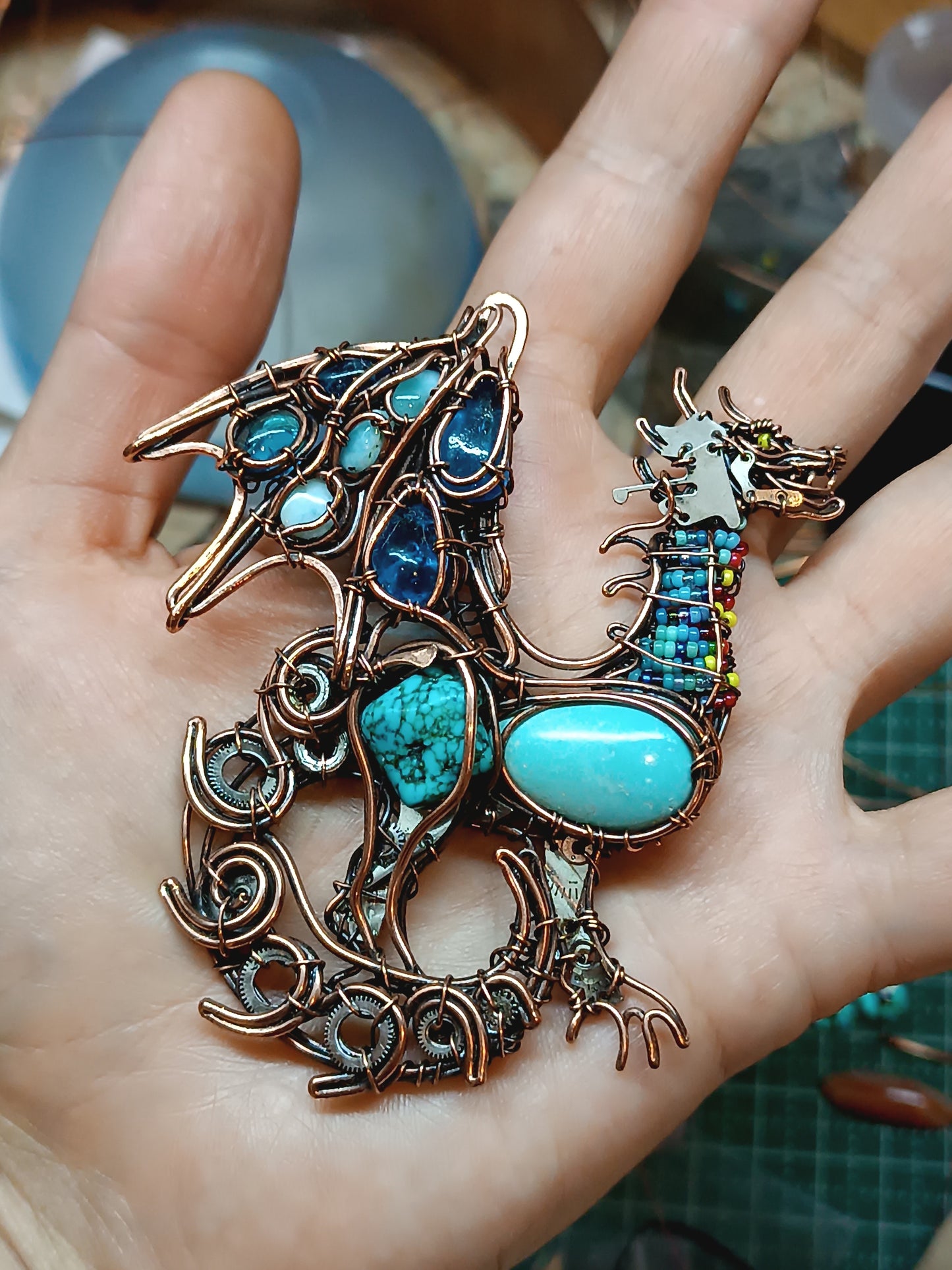 Blue ocean wind dragon. Wire wrapped necklace