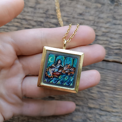 Tiger and princess. Hand painted miniature pendant. Sure thing its one of a kind!