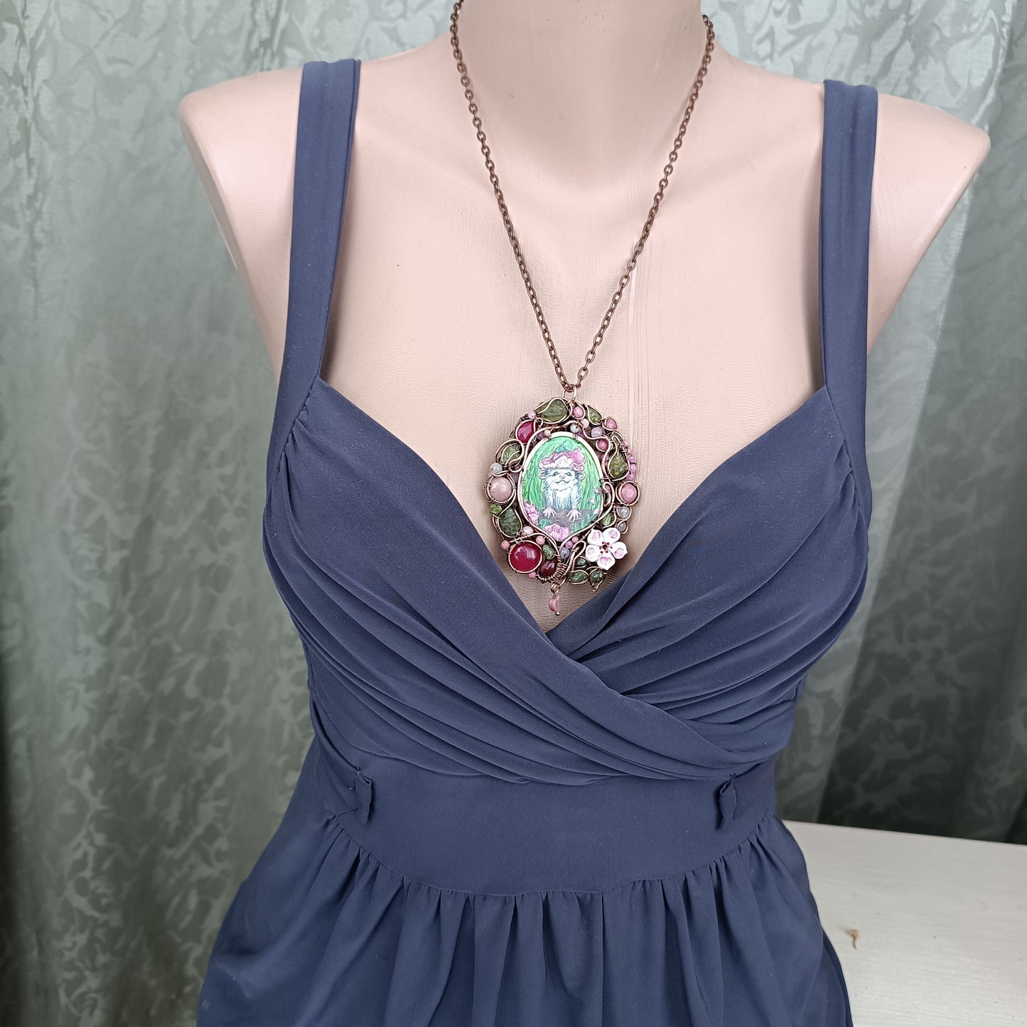Charming possums and cherry blossom. Wire wrapped 2 sided necklace with miniature paintings