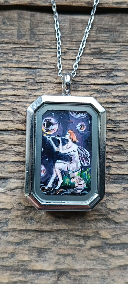 Little Fairy, Mermaid and magic bubbles. Hand painted pendant.