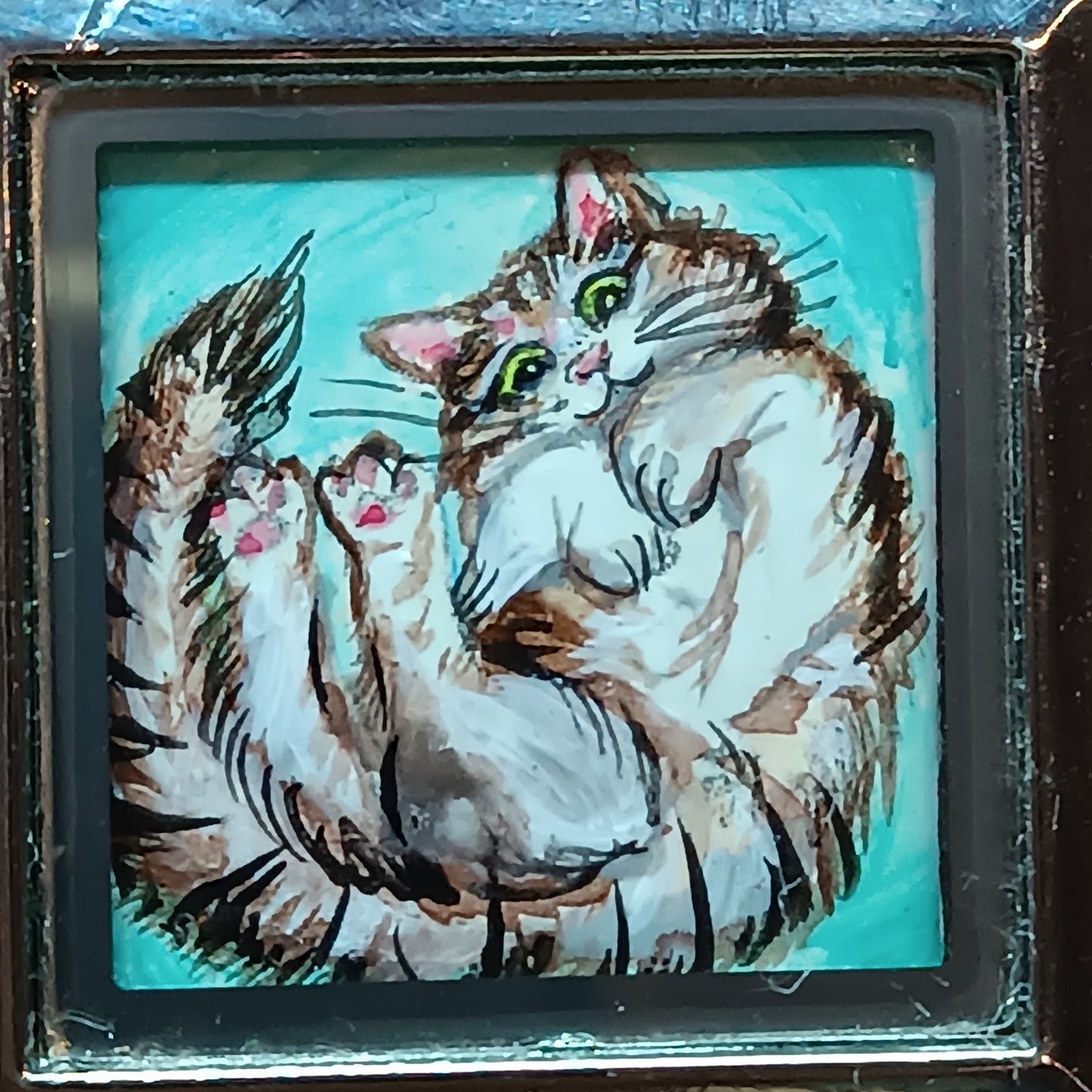 Cats in the box! Hand painted pendant. Reversible.