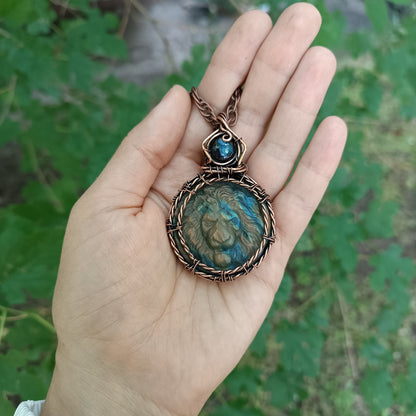 Carved leo labradorite necklace.