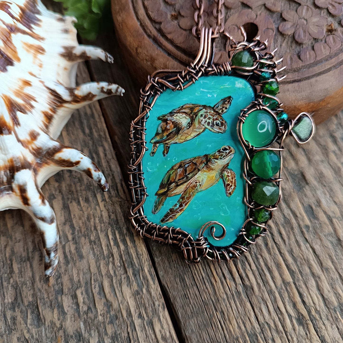 Aquatic adventure 🐢🦦 Hand painted wire wrapped necklace. 2 sided.