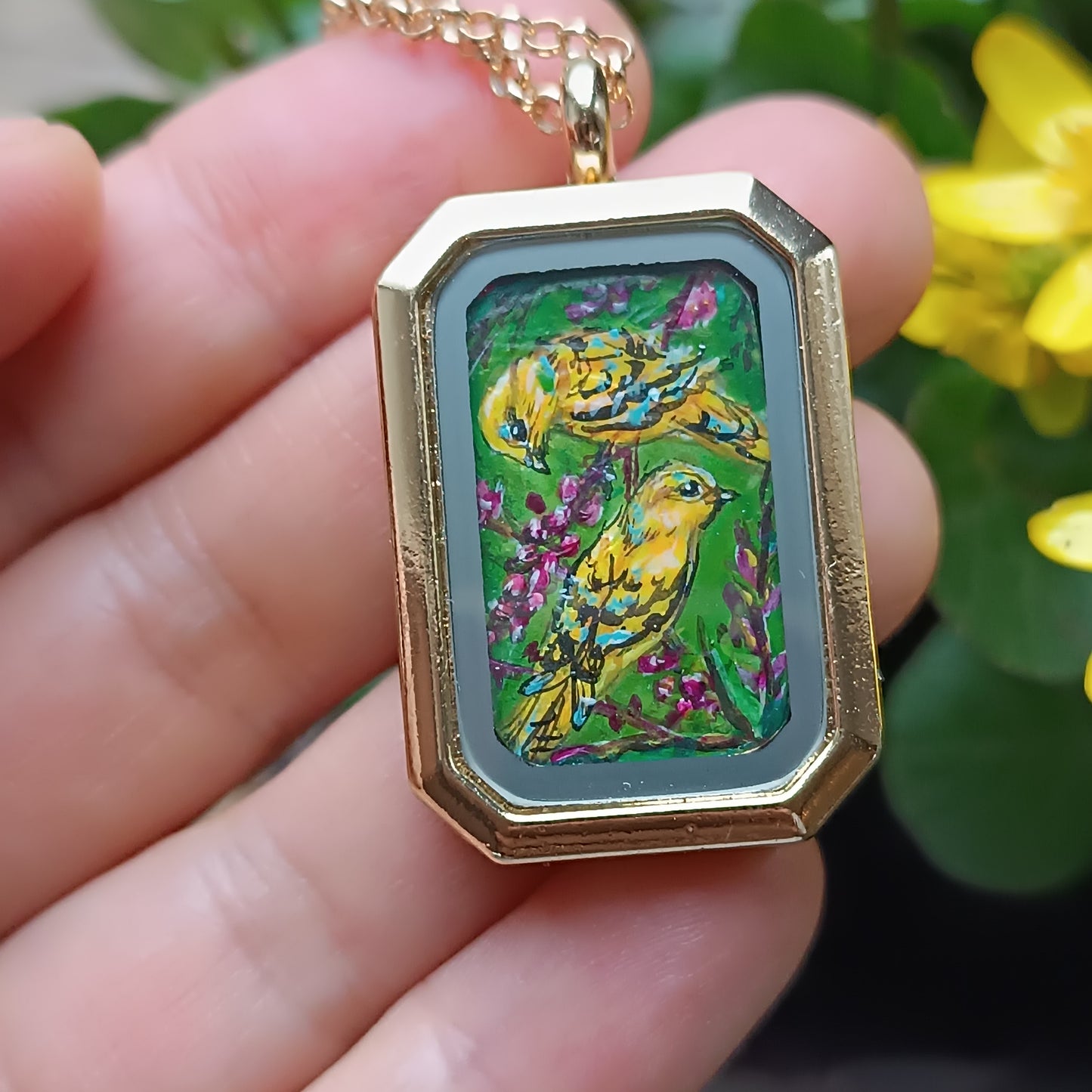 Yellow birds. Hand painted two sided pendant.