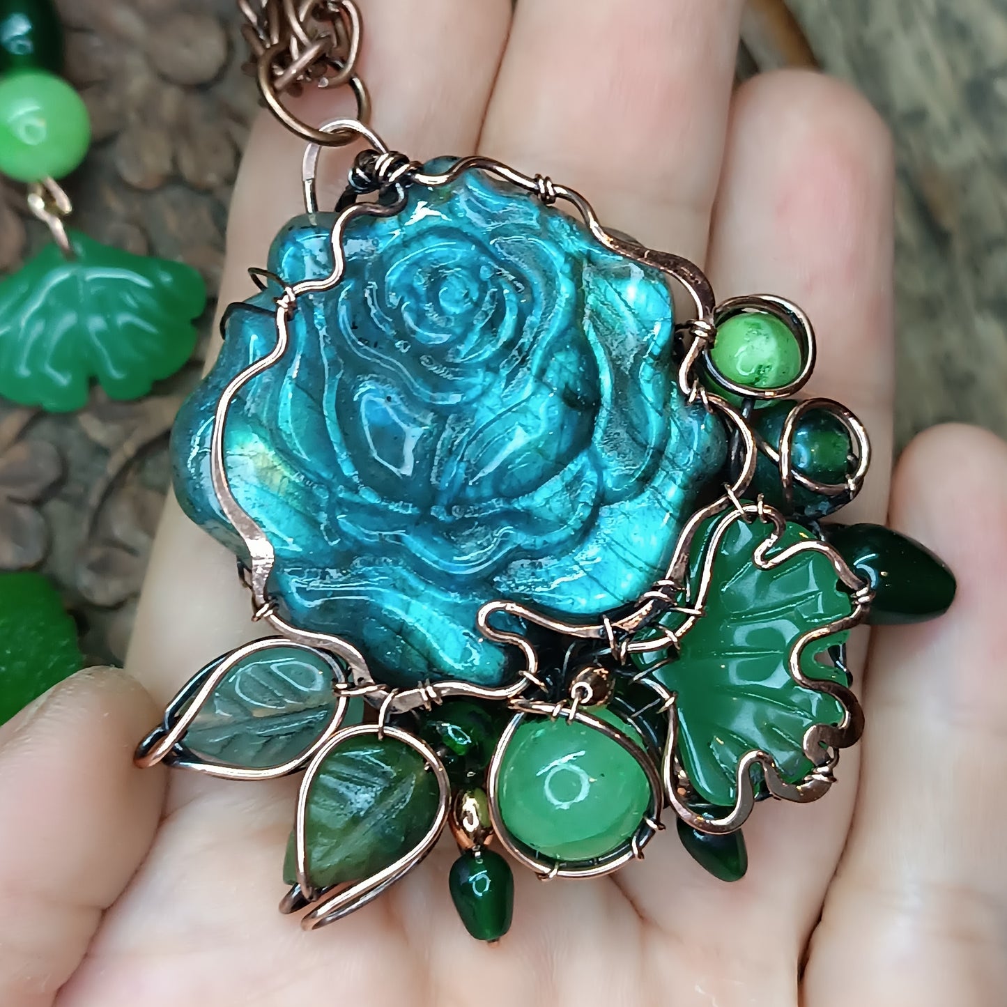 Ginkgo and rose necklace and earrings