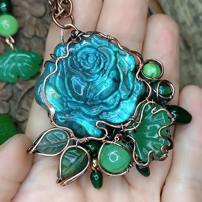Ginkgo and rose necklace and earrings