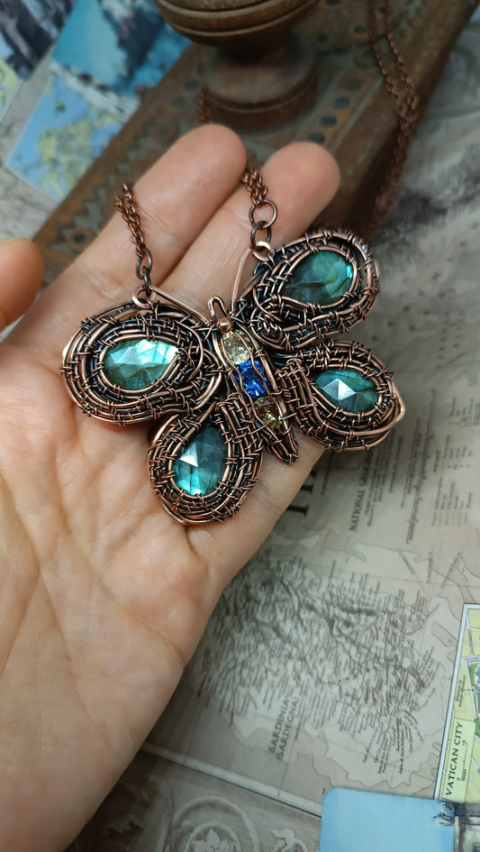 Copper wire wrapped butterfly necklace with faceted labradorites